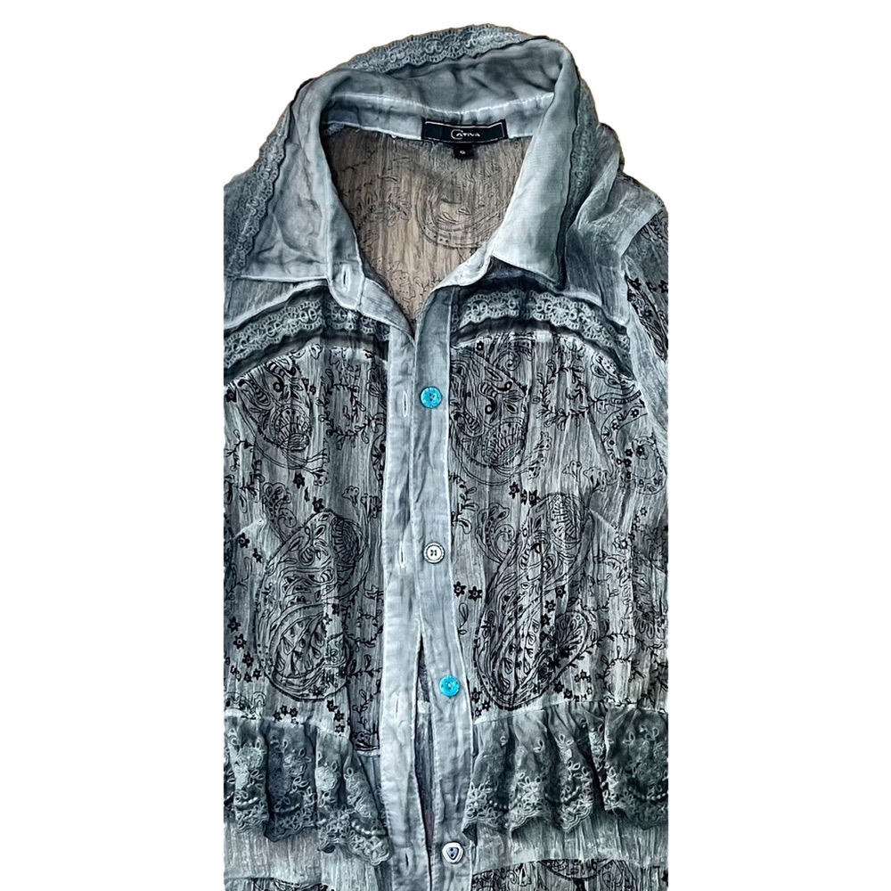 CLEARANCE Cativa semi sheer collared tunic in gray, black floral pattern boho